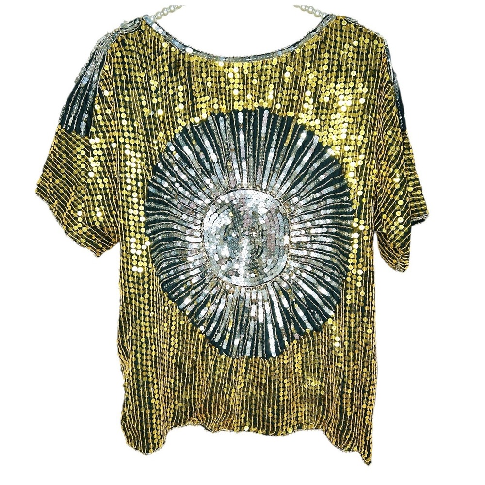 VTG Nandans Boho Silk Sequin Top O/S Fairy Indie Festival Celestial Disco Gold